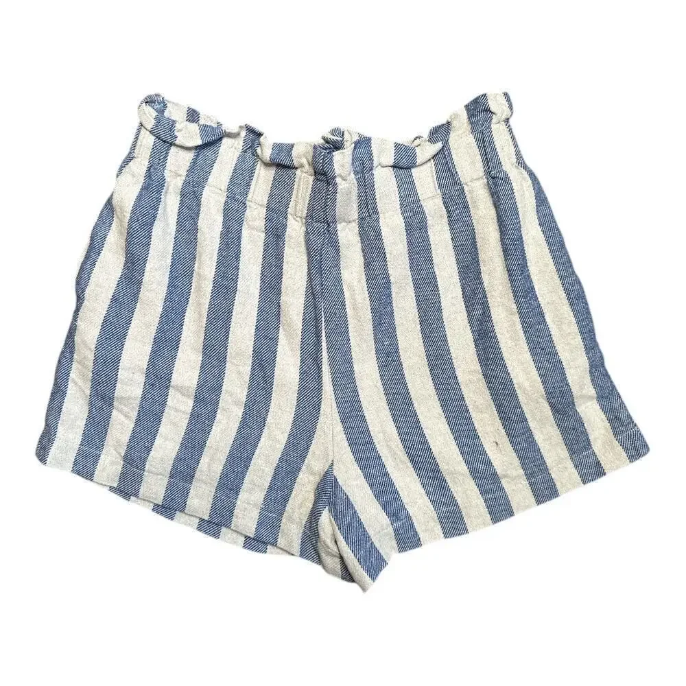 & Merci Ivory Blue Linen Blend Paperbag Shorts Women's Size S